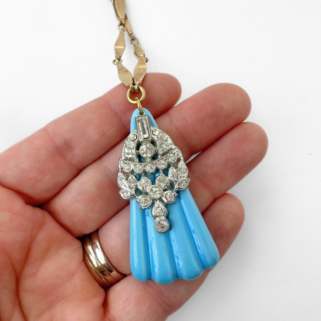 Refashioned vintage turquoise and clear rhinestone pendant with gold bar chain