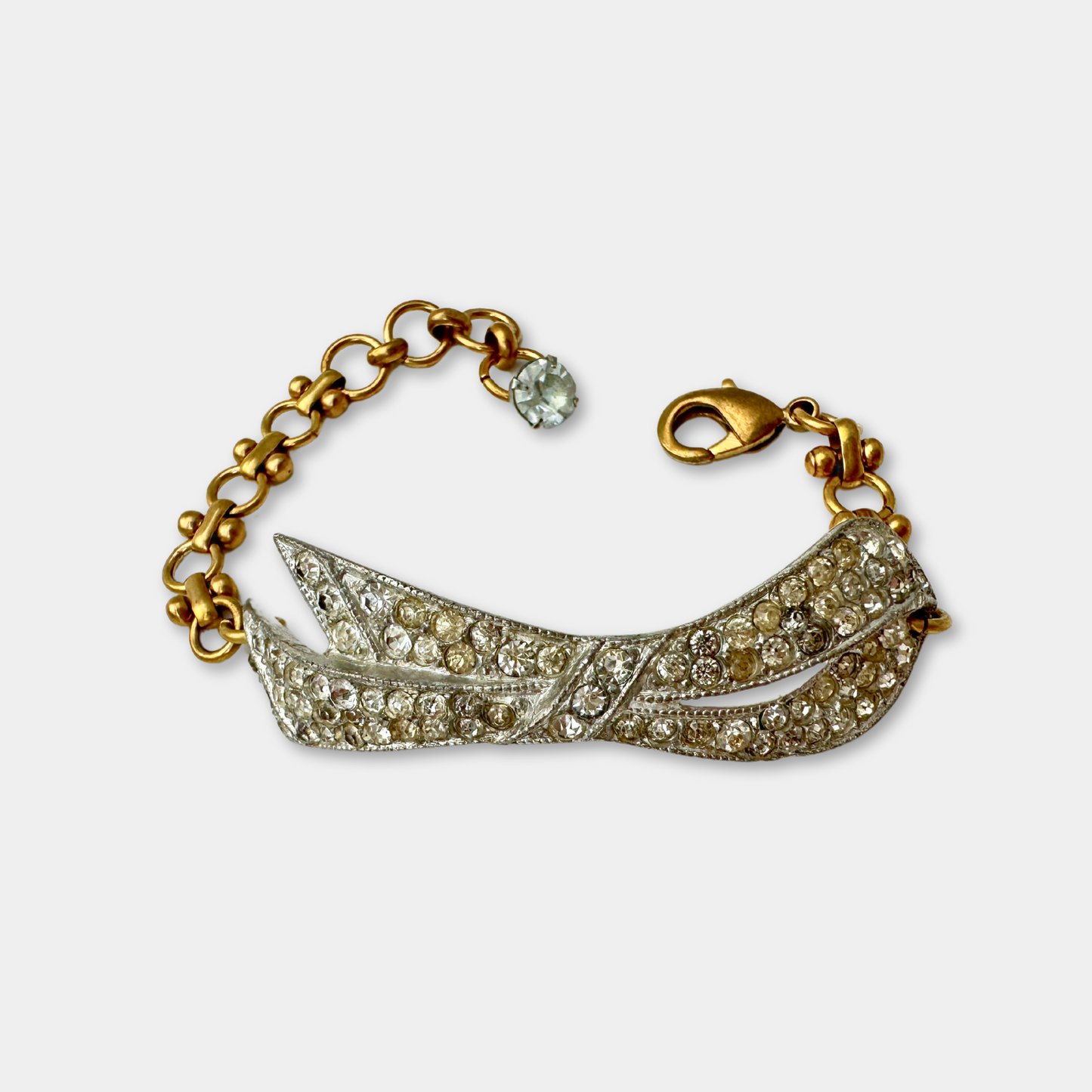 Refashioned vintage clear rhinestone ribbon bracelet with brass chain