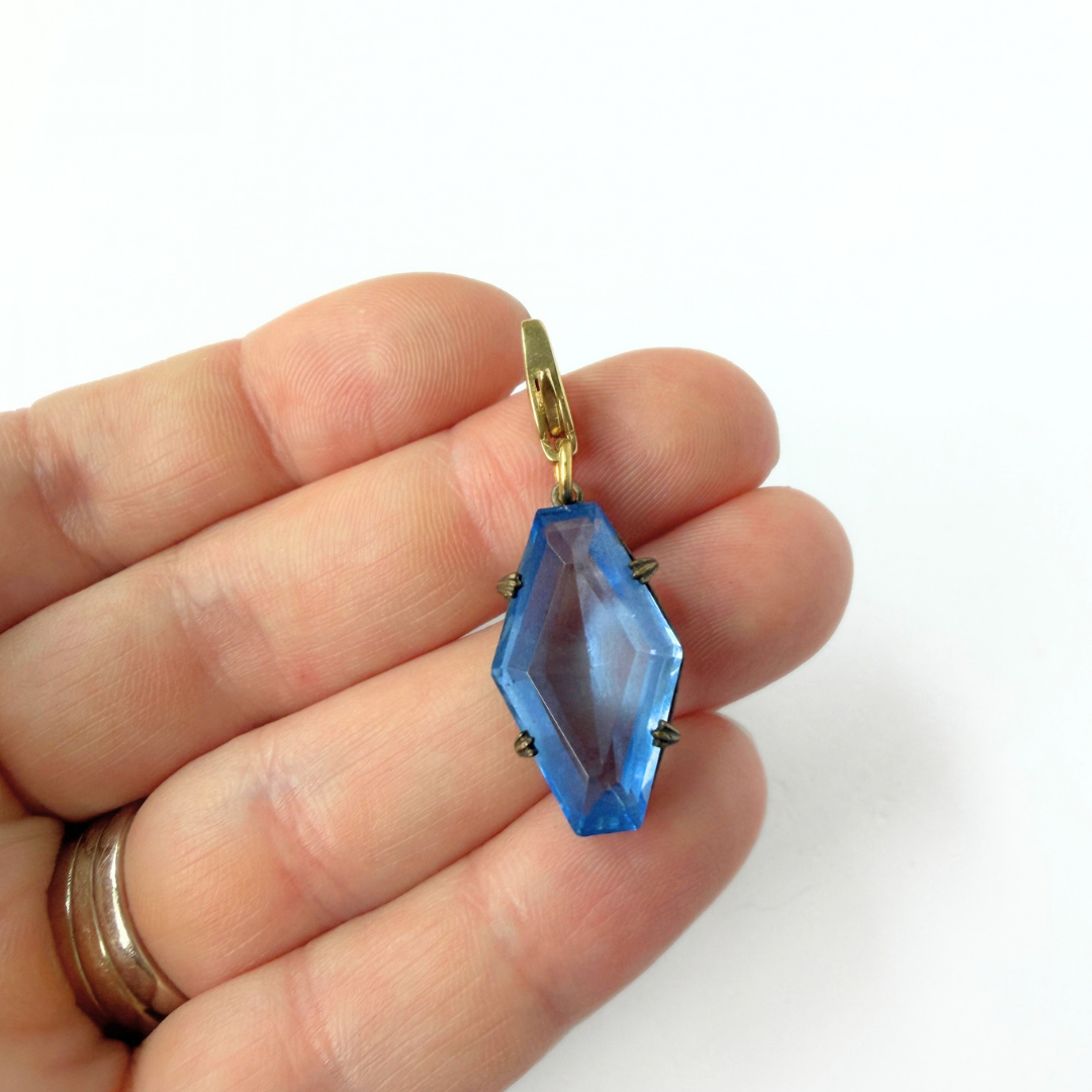 Refashioned Victorian-era blue glass hexagon pendant