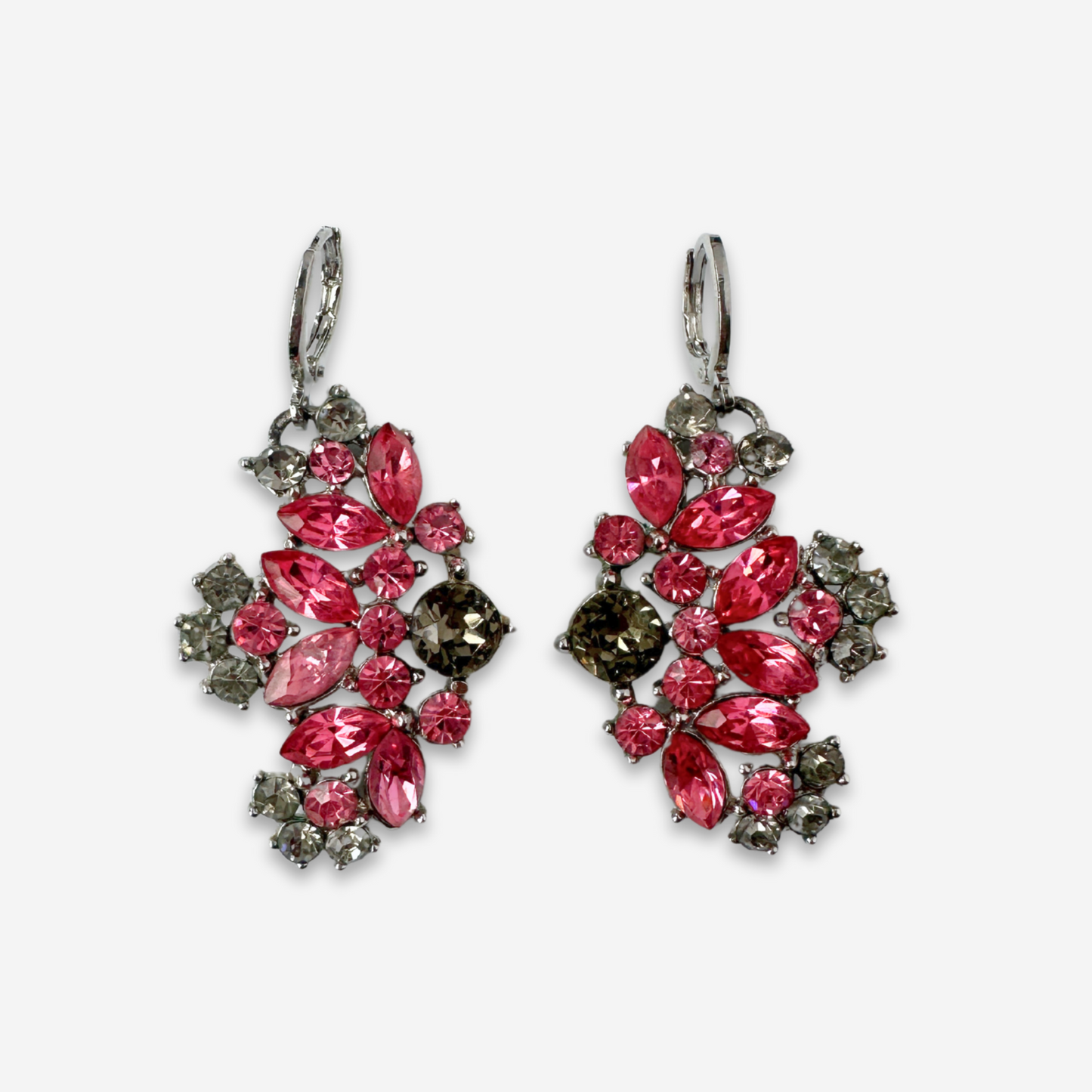 Refashioned vintage large pink and gray asymmetrical rhinestone earrings