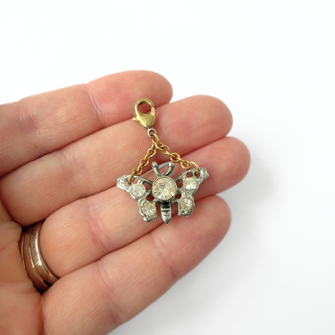 Refashioned vintage clear rhinestone butterfly charm