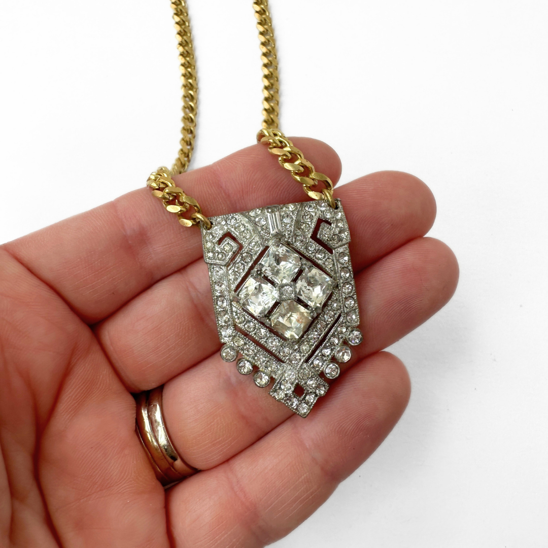 Refashioned art deco rhinestone pendant necklace on brass chain