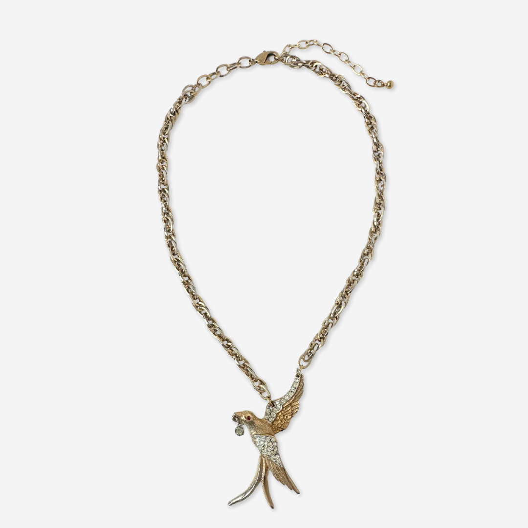 Refashioned vintage clear rhinestone and muted gold bird pendant