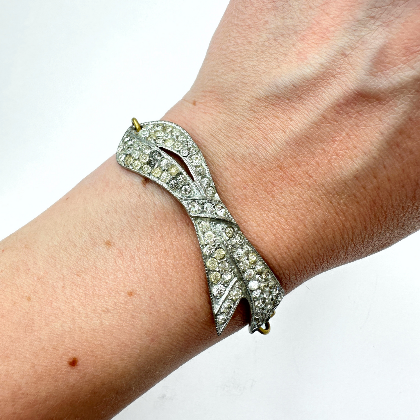Refashioned vintage clear rhinestone ribbon bracelet with brass chain