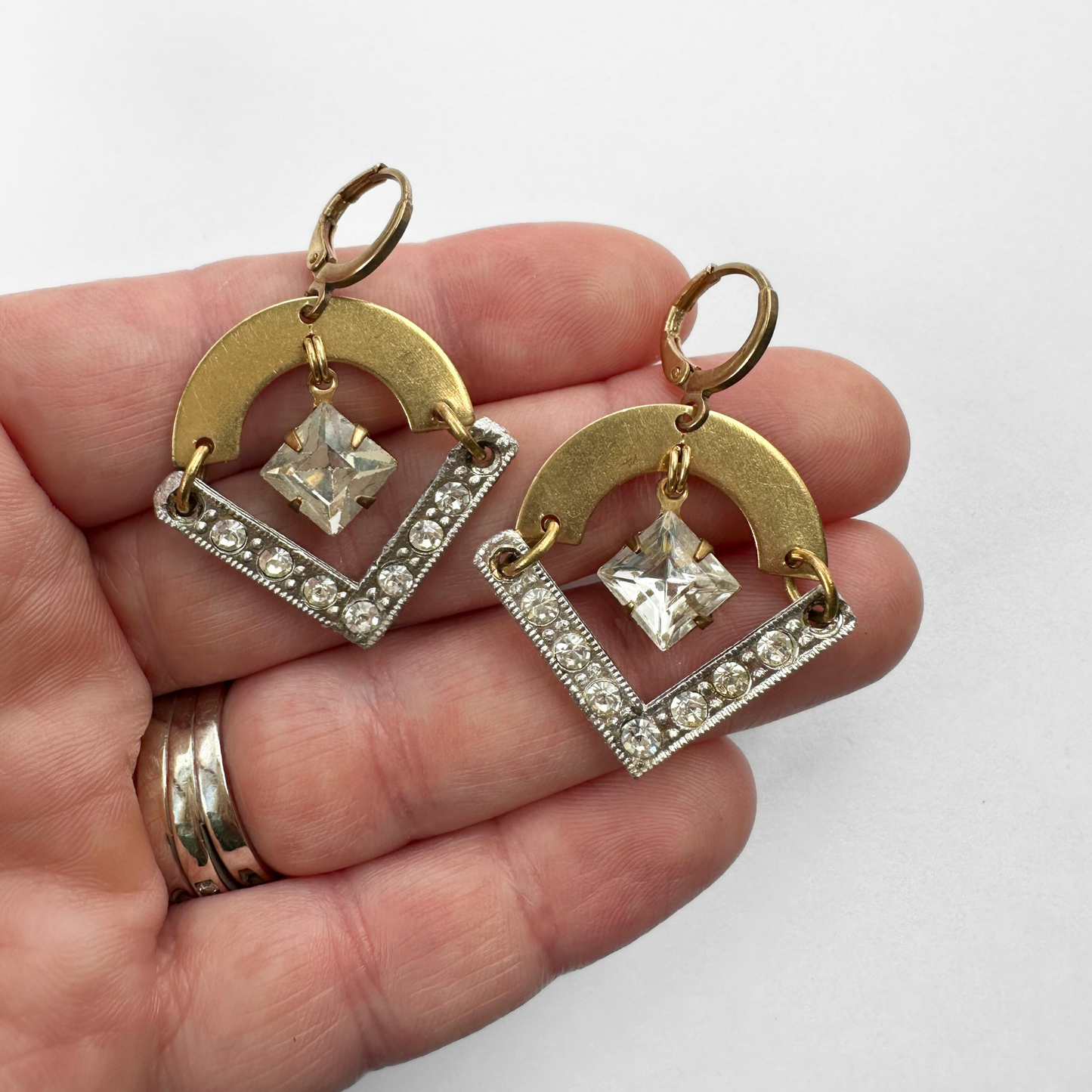 Brass arch earrings with vintage clear rhinestone angular drop