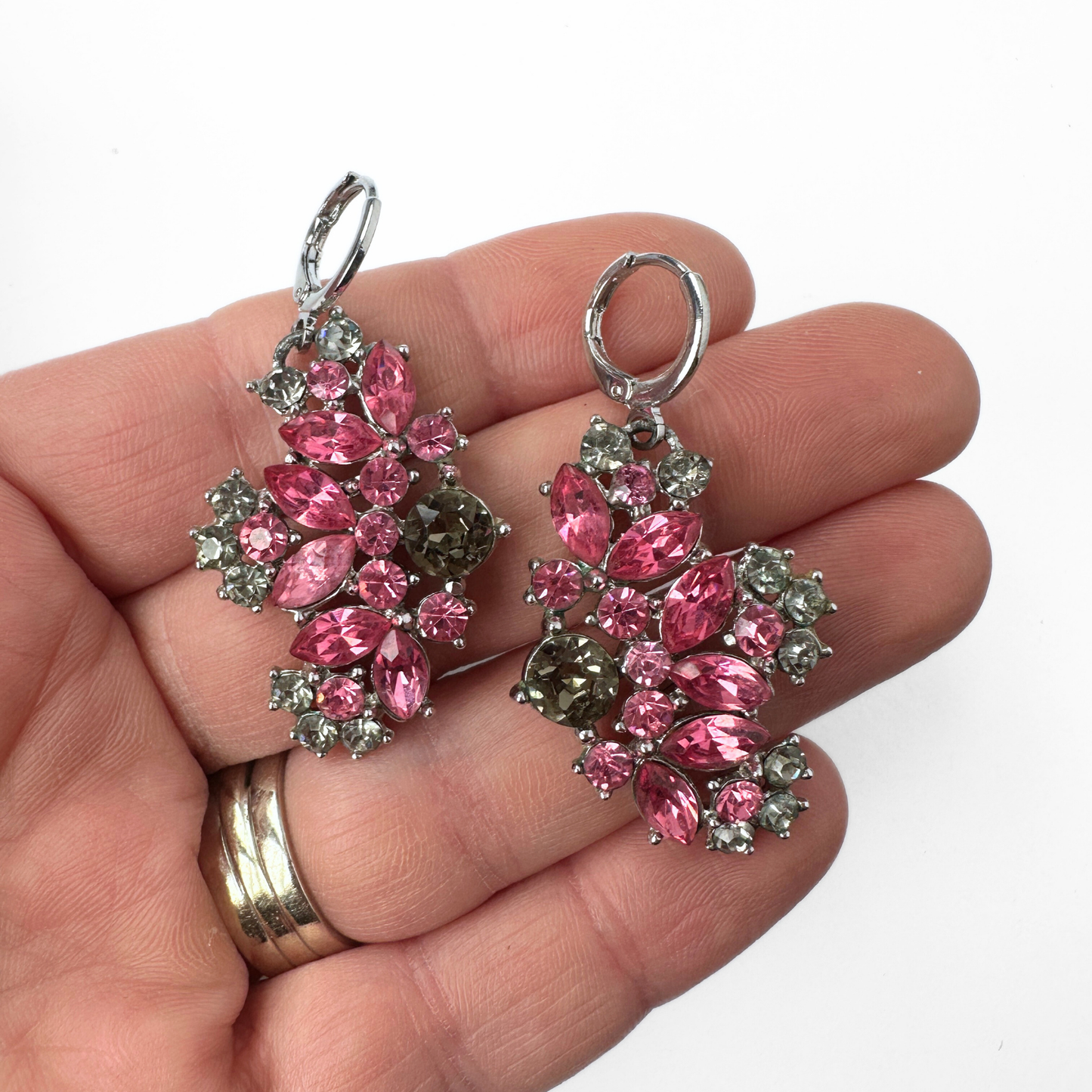 Refashioned vintage large pink and gray asymmetrical rhinestone earrings