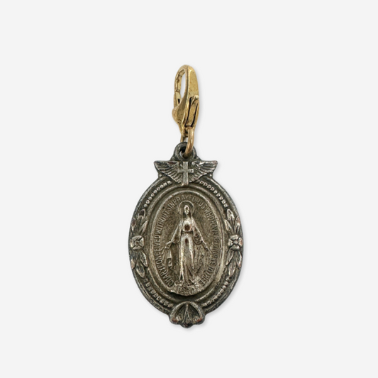 Ornate vintage aged silver Miraculous Medal oval charm