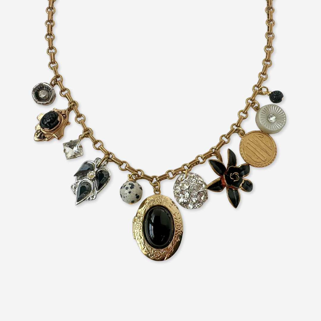 Black, silver, and gold charm repurposed vintage charm necklace