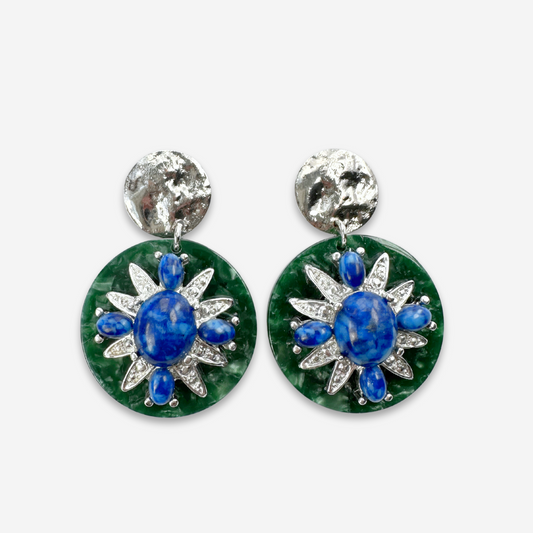 Large refashioned vintage blue and silver sunburst earrings with green acetate base