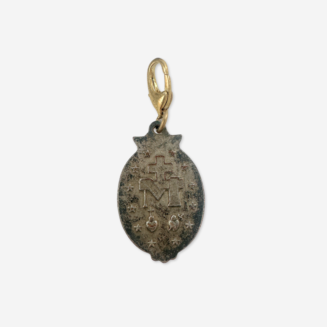Ornate vintage aged silver Miraculous Medal oval charm