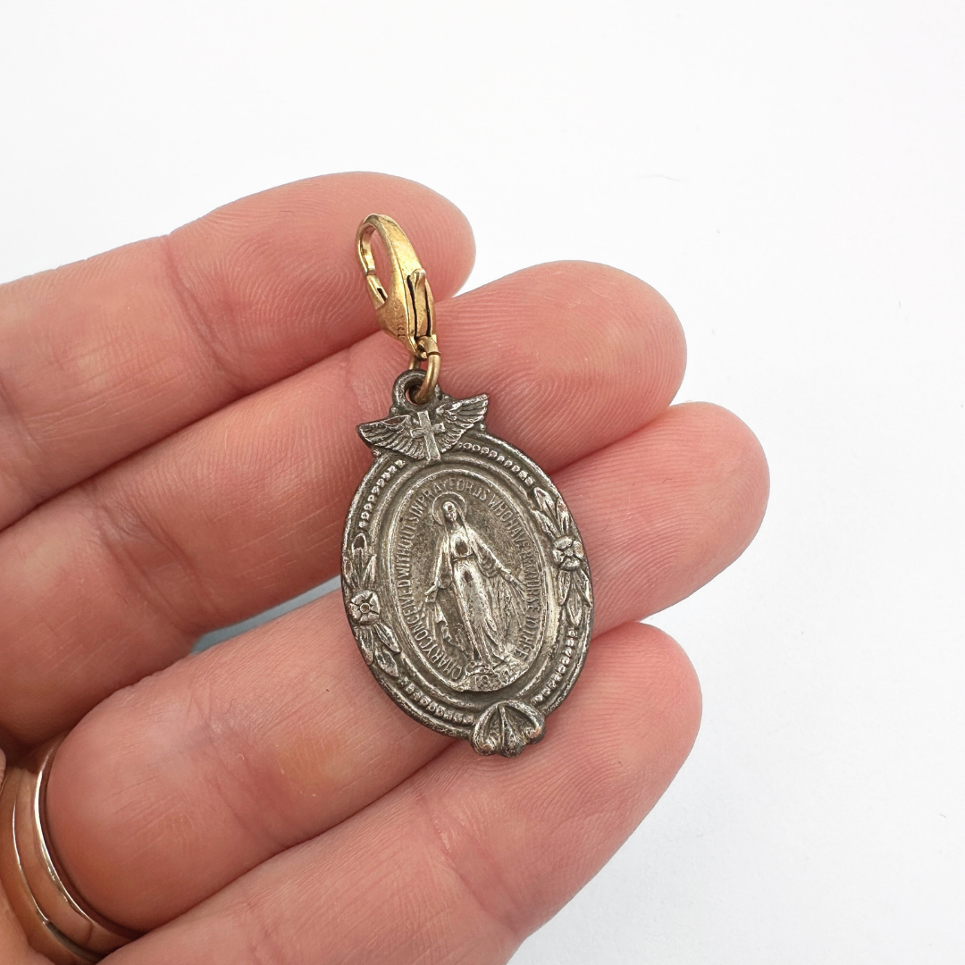 Ornate vintage aged silver Miraculous Medal oval charm