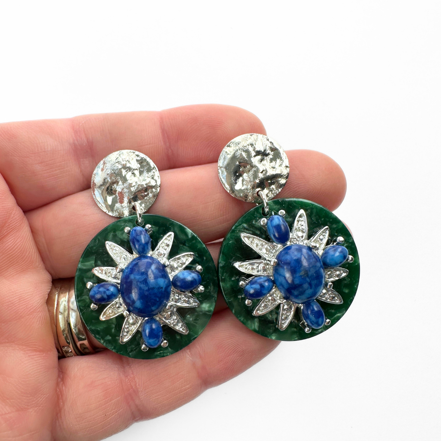 Large refashioned vintage blue and silver sunburst earrings with green acetate base
