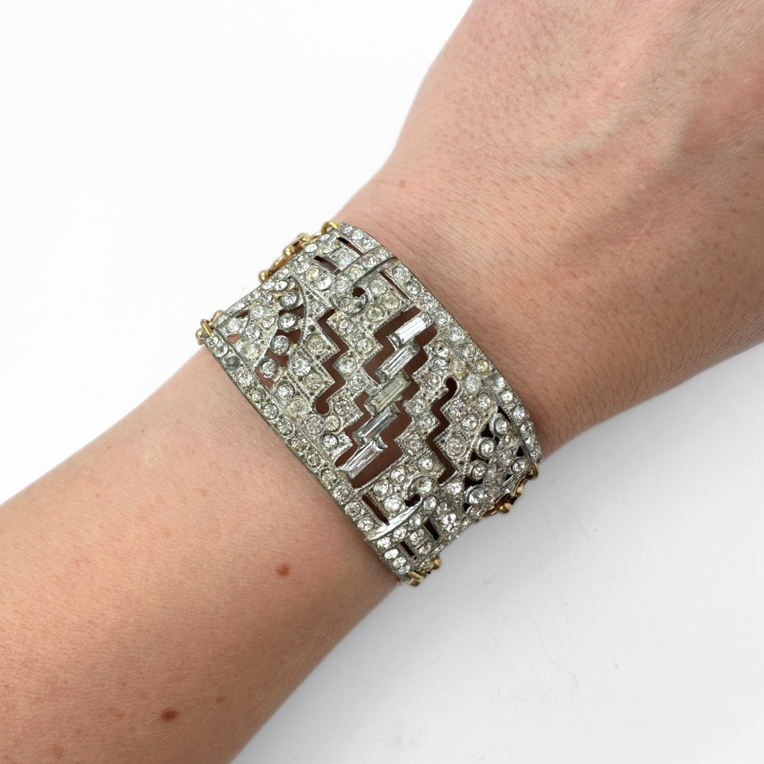 Refashioned Vintage rectangular rhinestone bracelet with brass chain