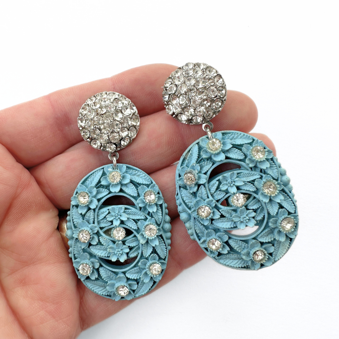 Large refashioned vintage baby blue molded plastic floral earrings