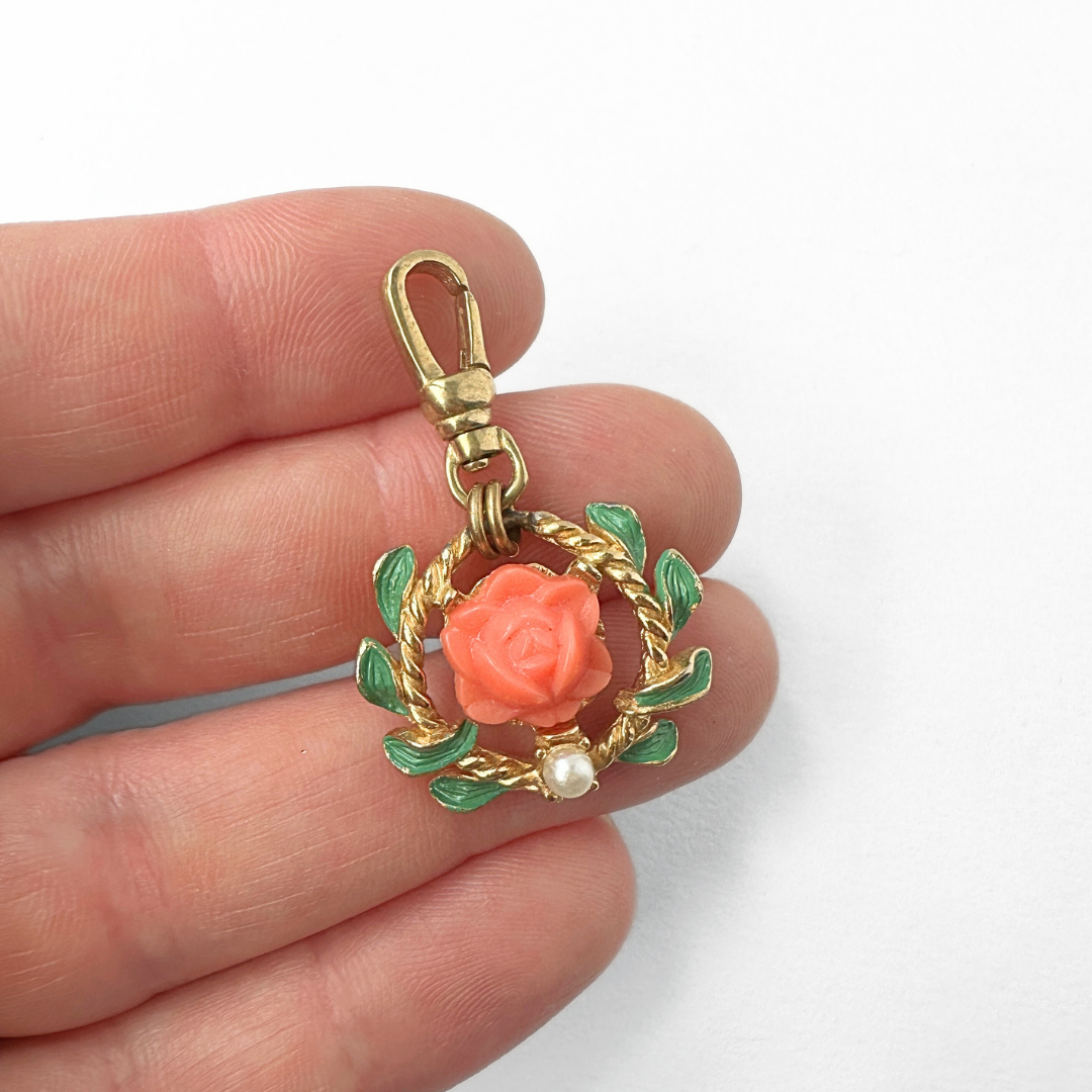 Vintage green enamel and coral floral wreath charm
