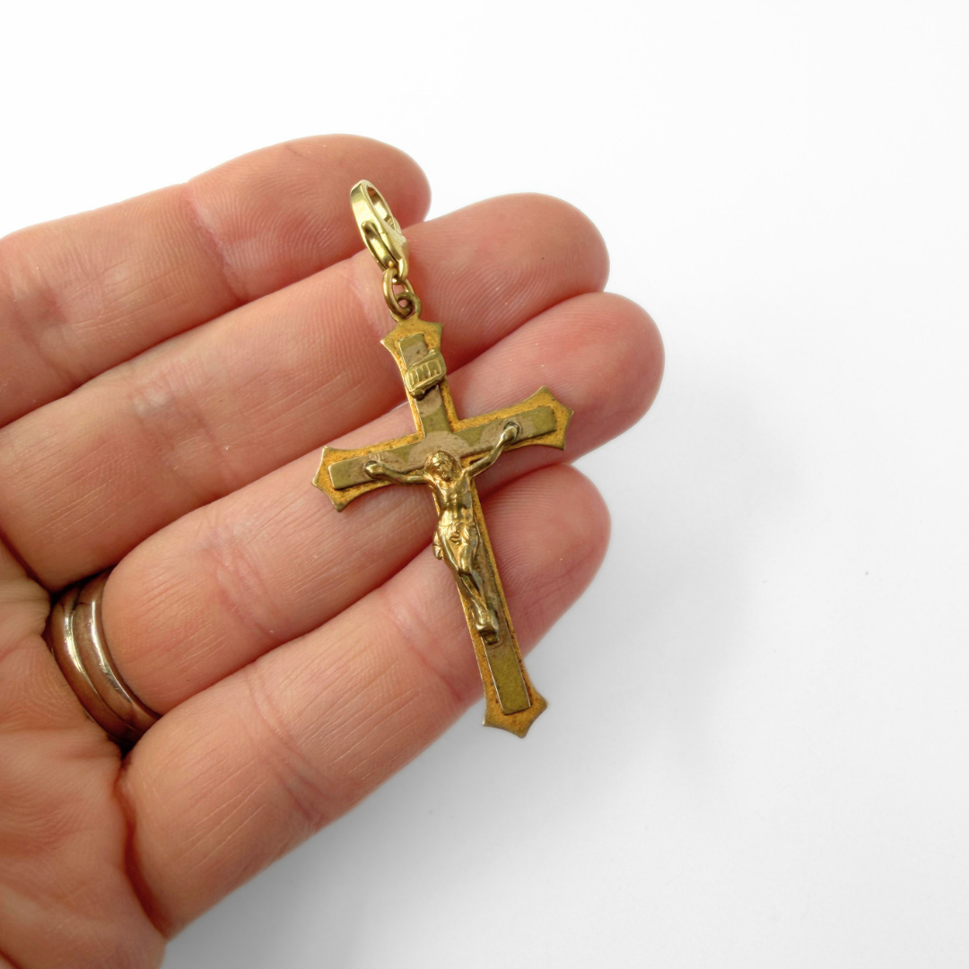 Vintage aged brass crucifix cross charm pendant