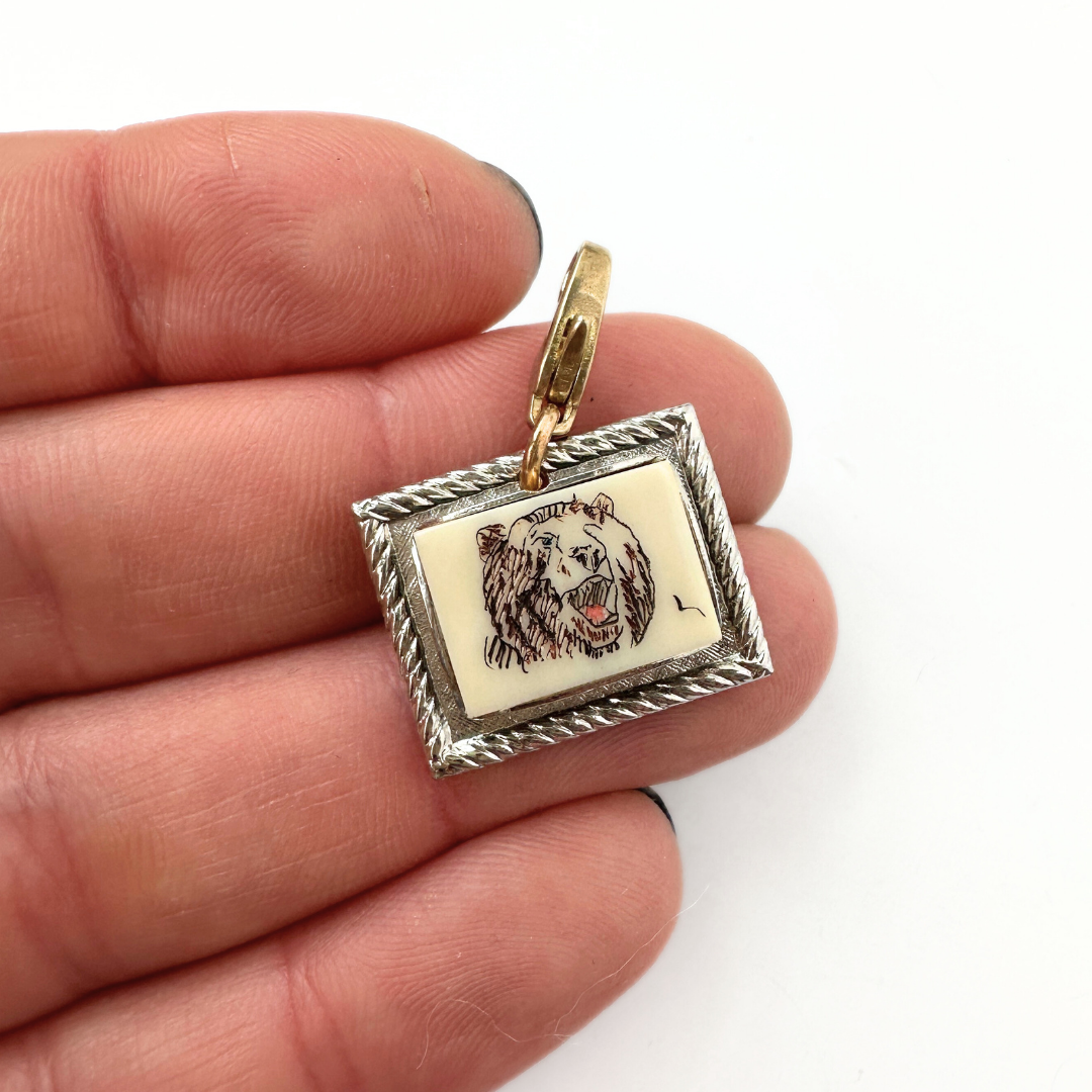 Vintage etched bear rectangular charm