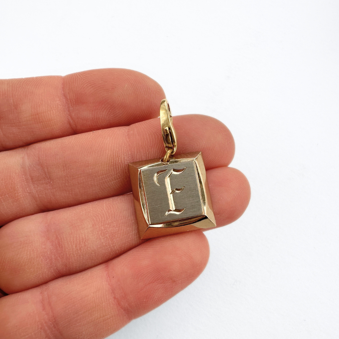 Square gold letter "F" engraved vintage cufflink charm