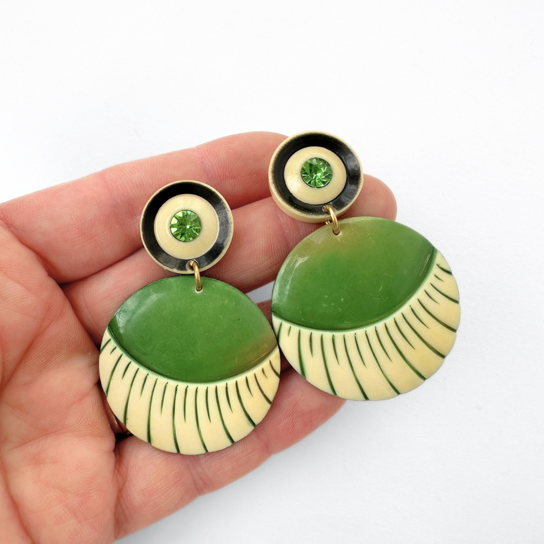 Refashioned vintage green and cream large circular statement earrings