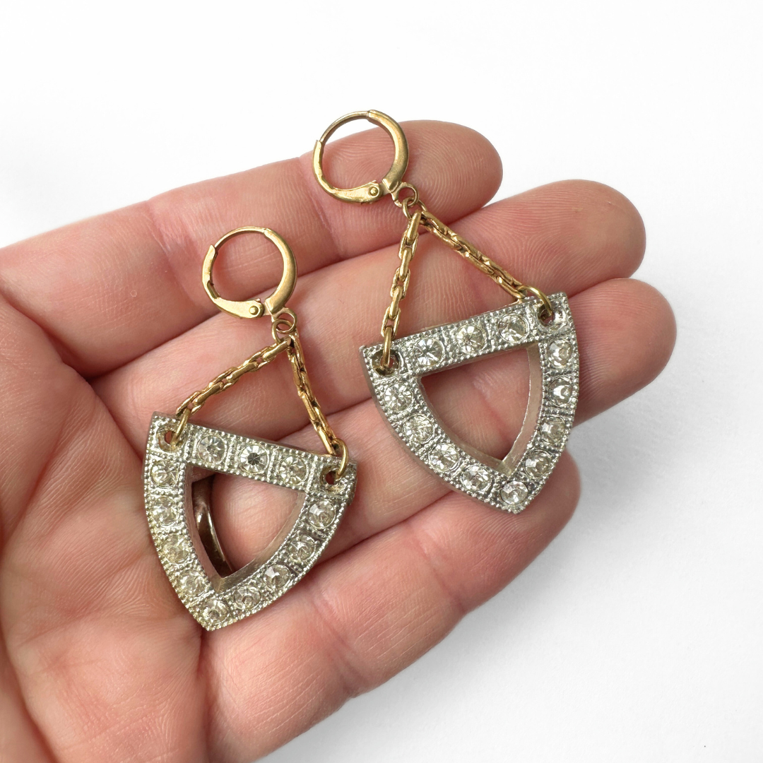 Vintage silver and clear rhinestone earrings with brass chain