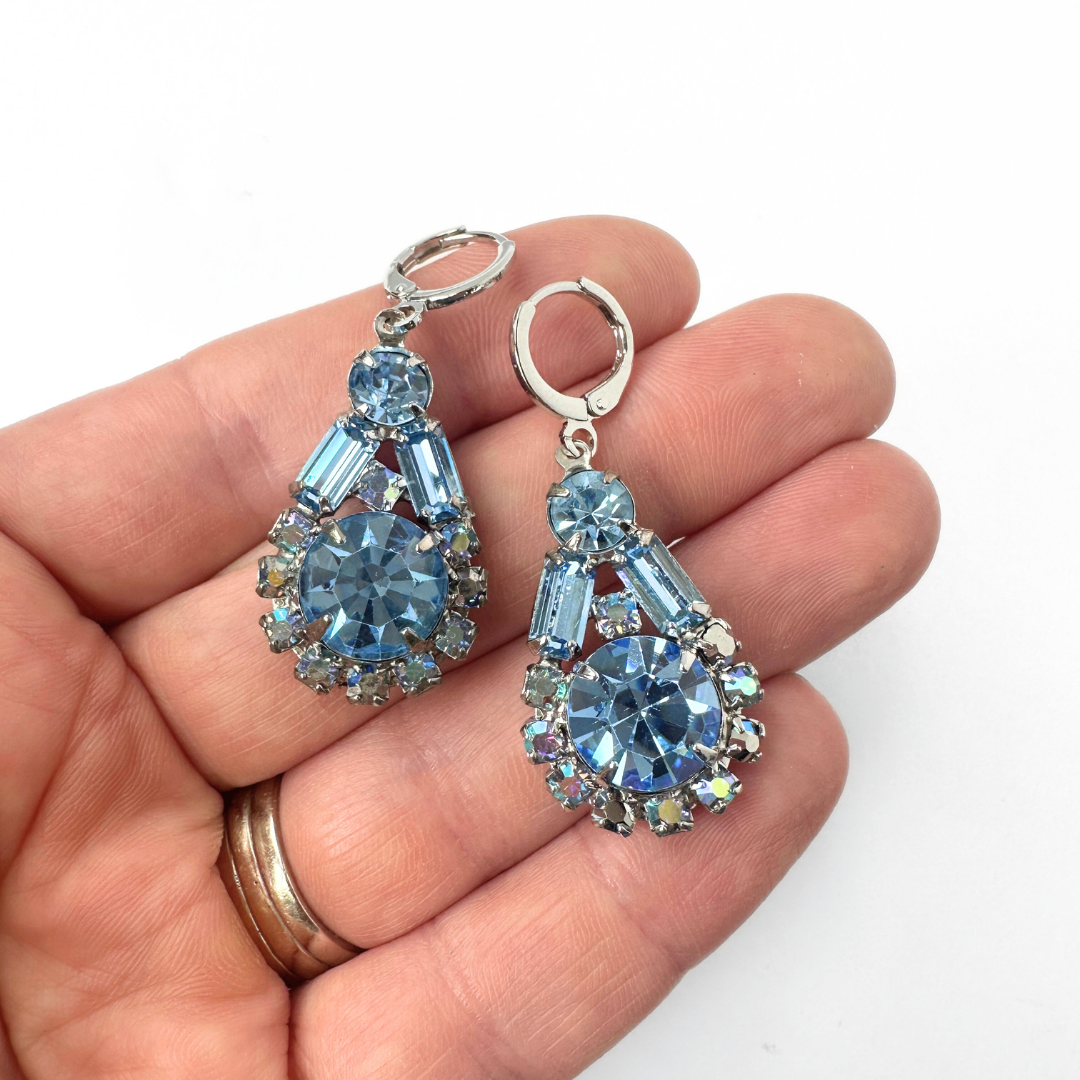 Refashioned vintage large ice blue and iridescent rhinestone drop earrings