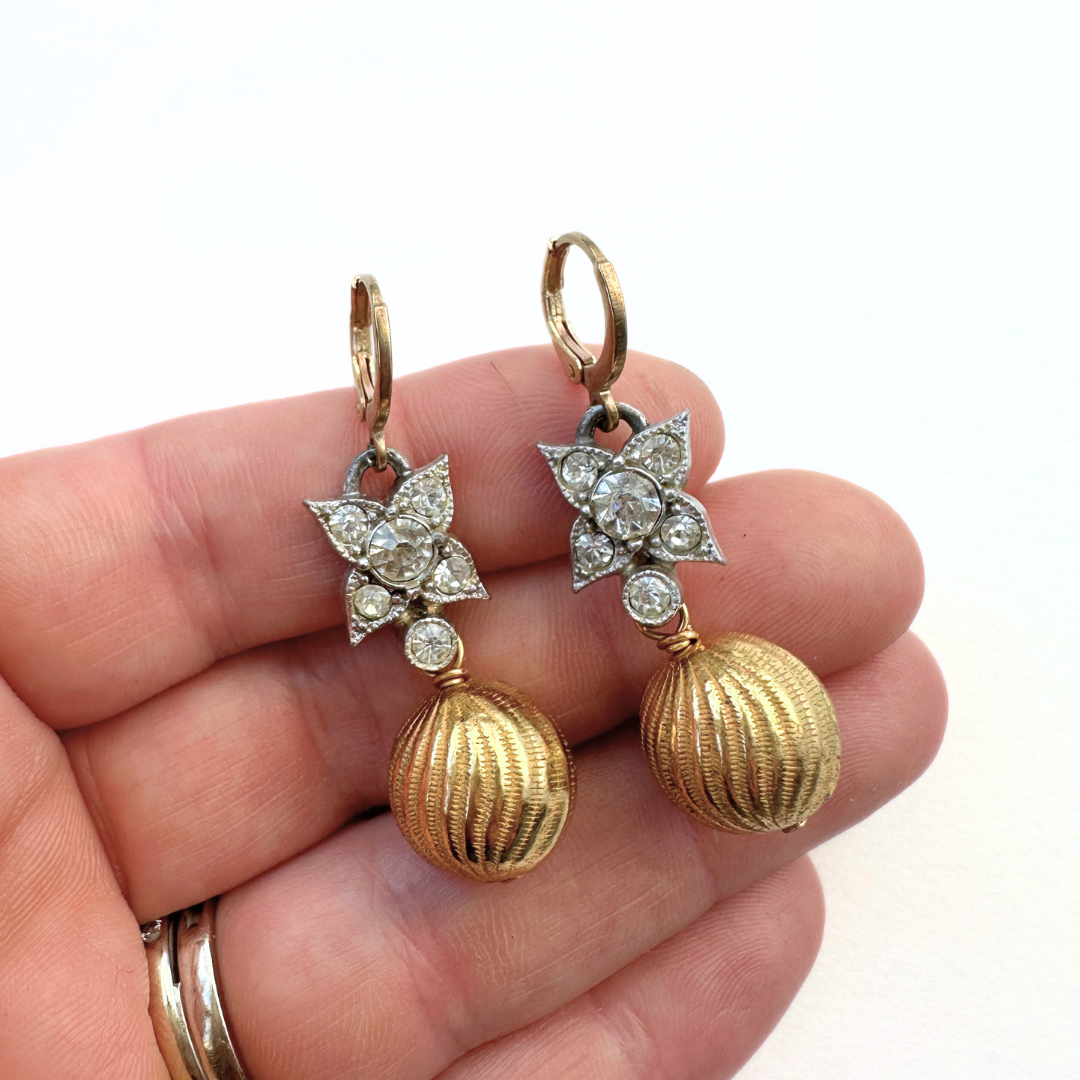 Refashioned vintage clear rhinestone and gold bead earrings