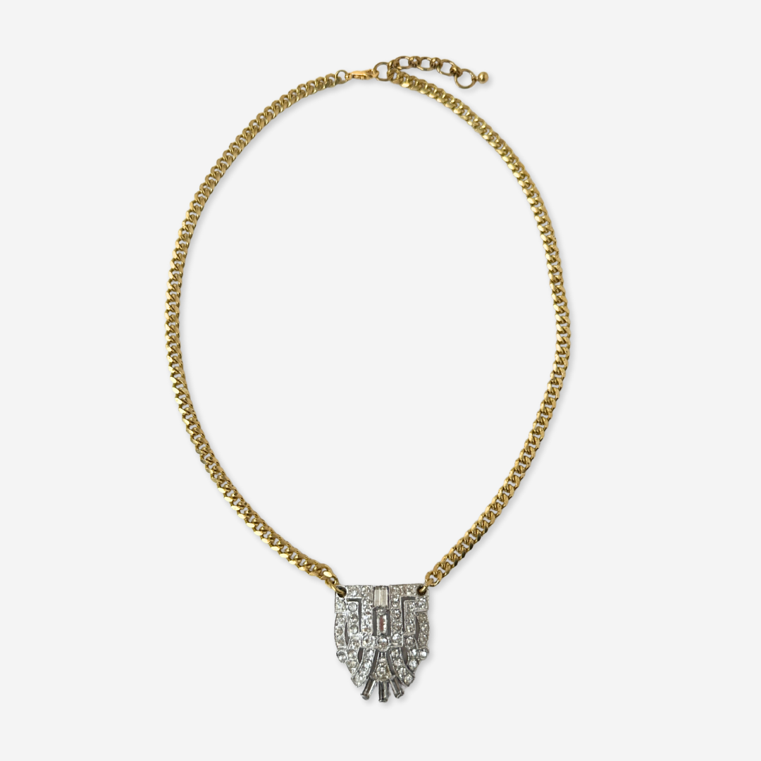 Refashioned art deco rhinestone pendant necklace on brass chain