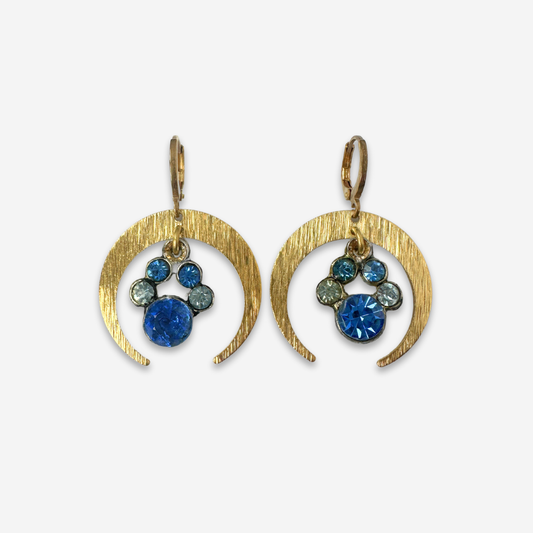 Brass crescent hoop earrings with vintage blue rhinestone center drops