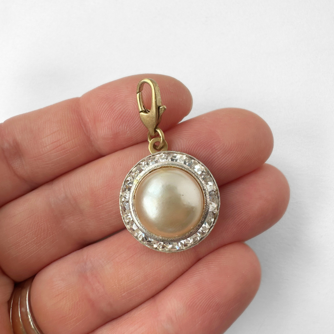 Vintage pearl and rhinestone button charm