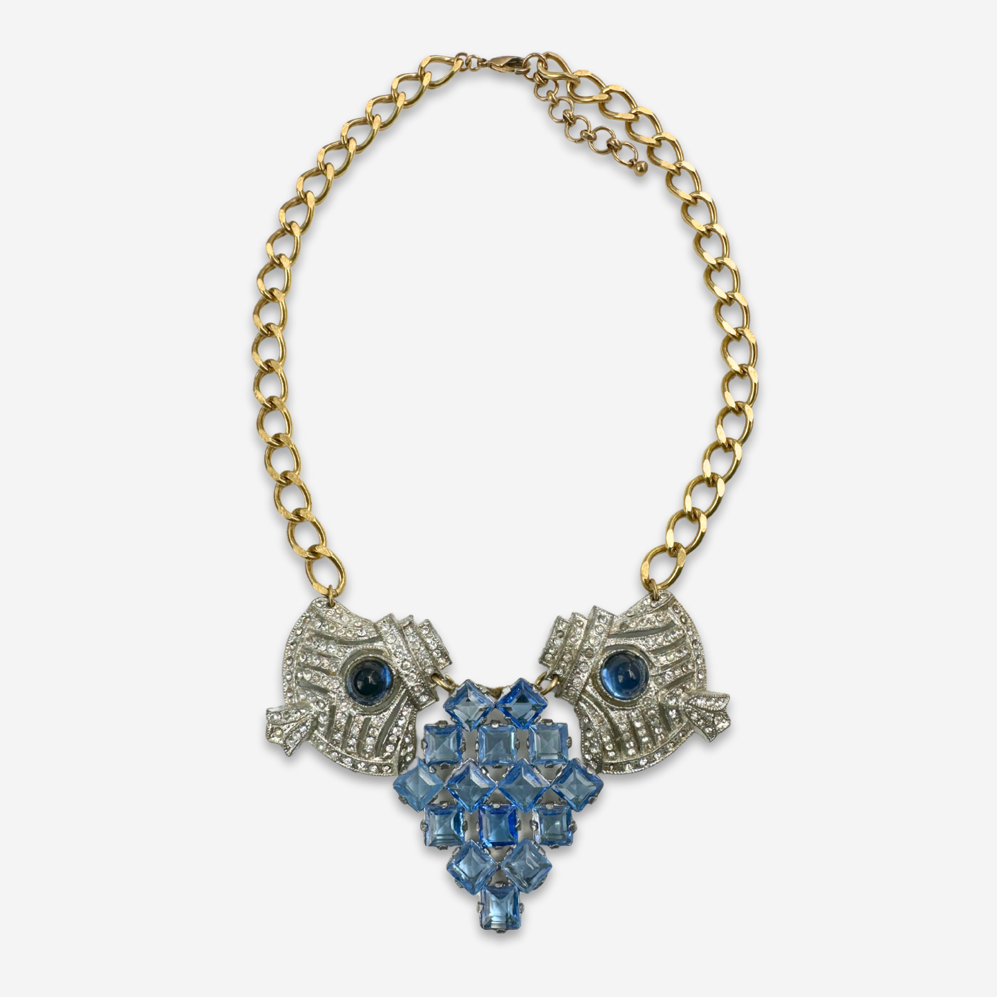 Refashioned vintage blue and clear rhinestone assemblage statement necklace
