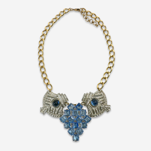 Refashioned vintage blue and clear rhinestone assemblage statement necklace