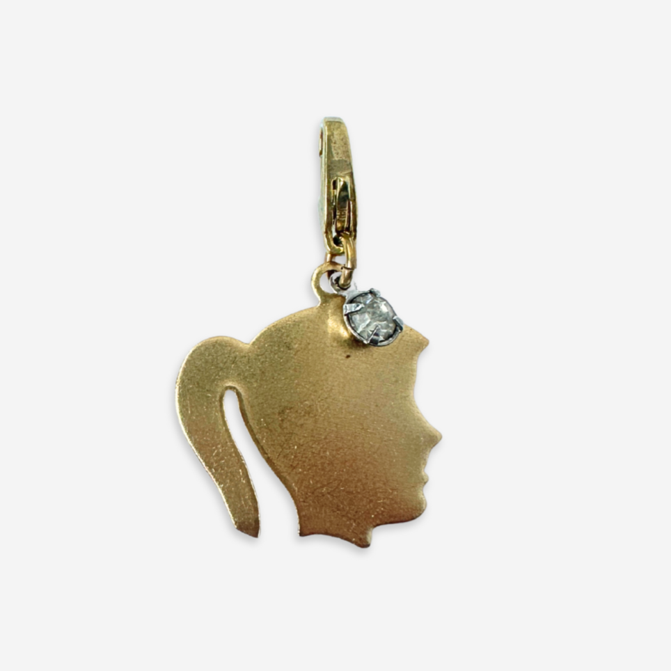 Brass girl silhouette charm with vintage clear rhinestone accent