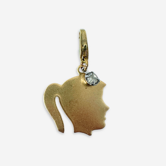 Brass girl silhouette charm with vintage clear rhinestone accent