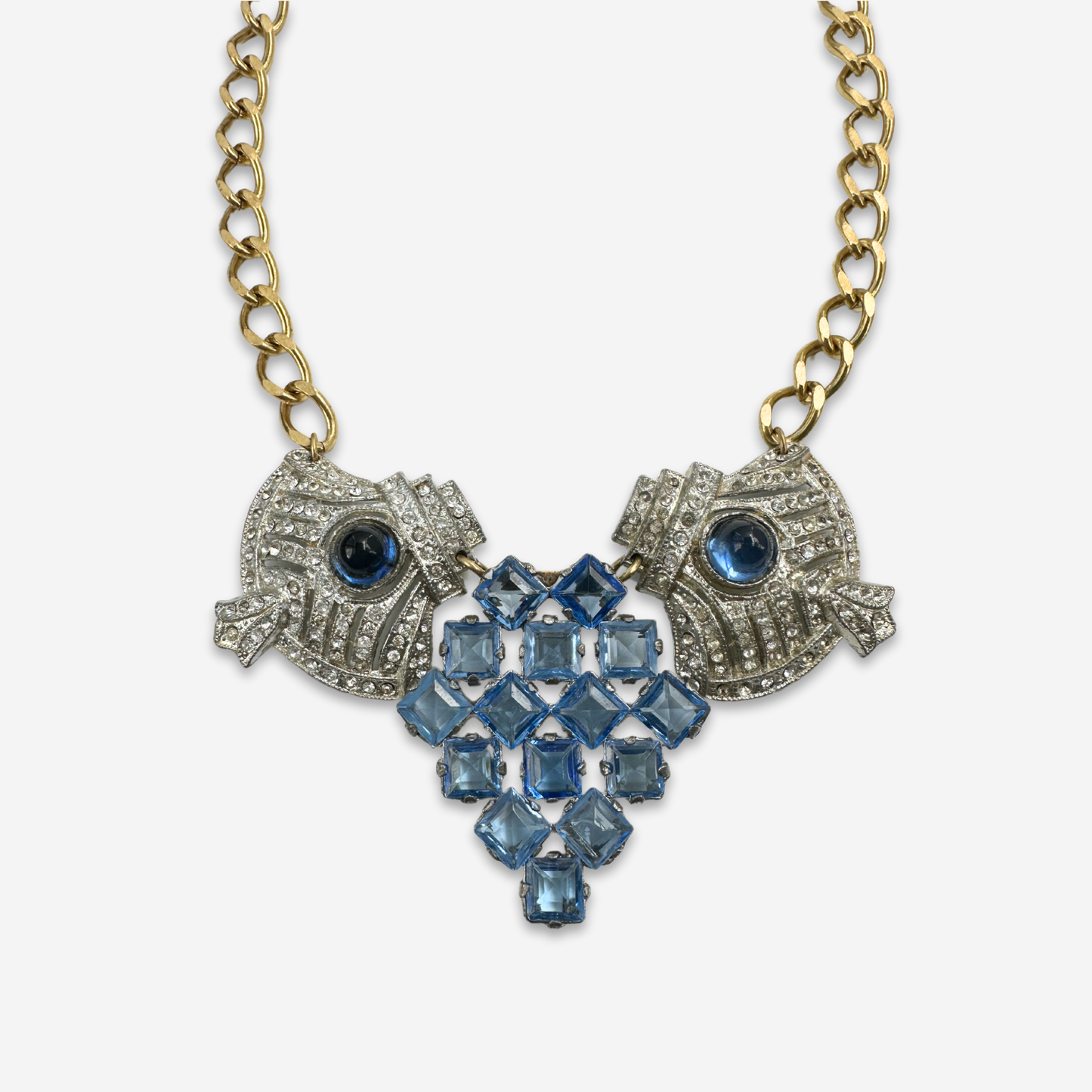 Refashioned vintage blue and clear rhinestone assemblage statement necklace