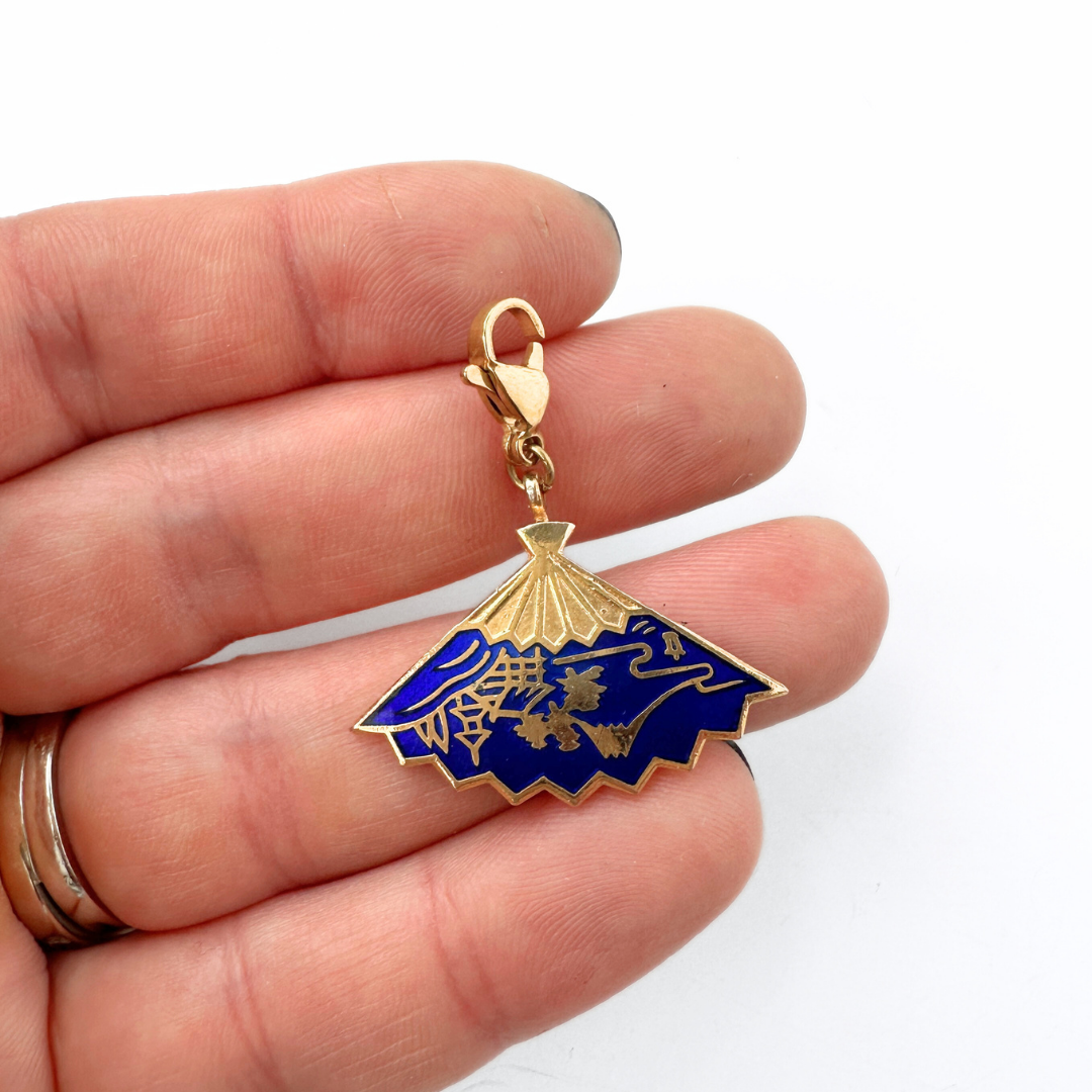 Vintage blue enamel and gold plated asian fan charm