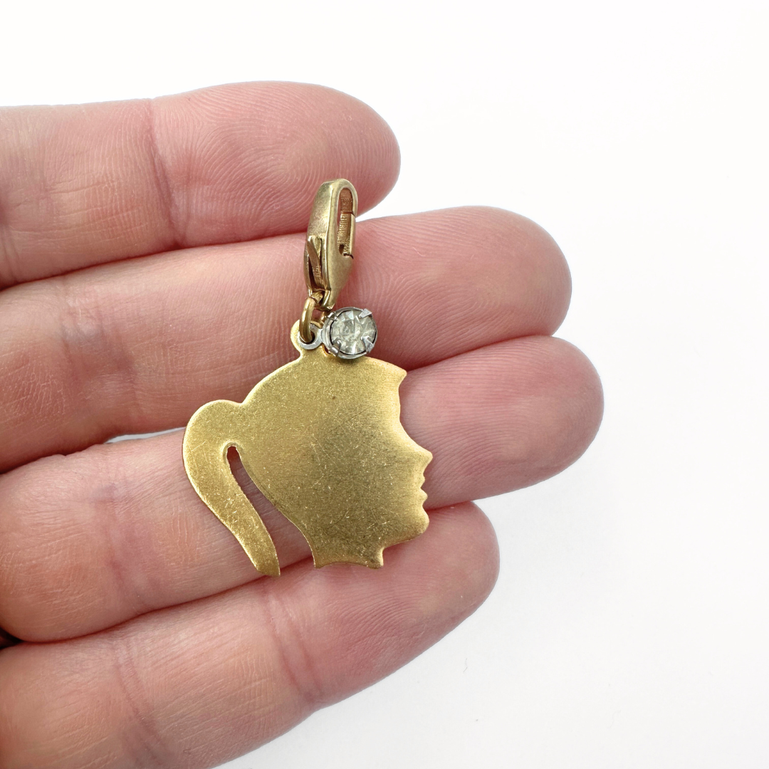 Brass girl silhouette charm with vintage clear rhinestone accent