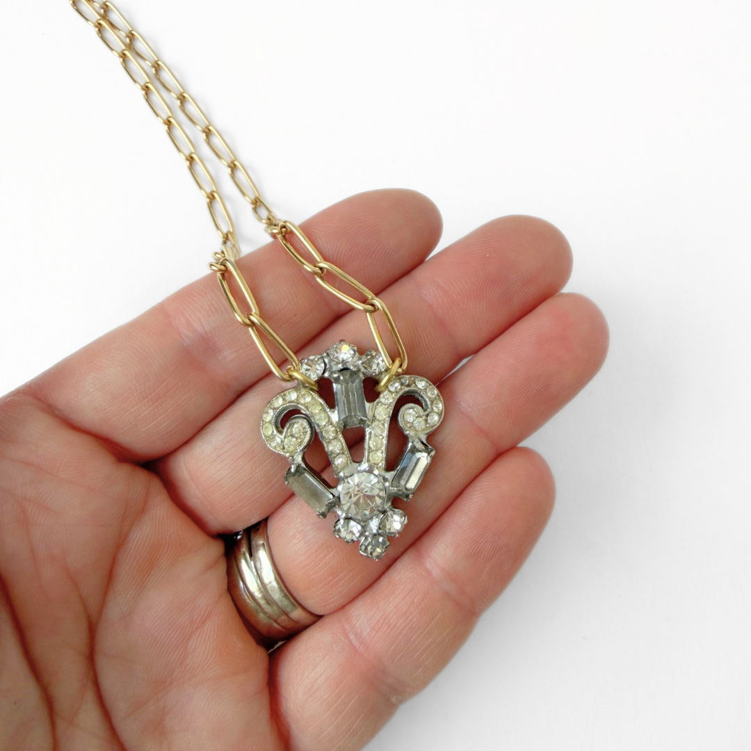 Vintage clear rhinestone deco pendant on gold plated chain