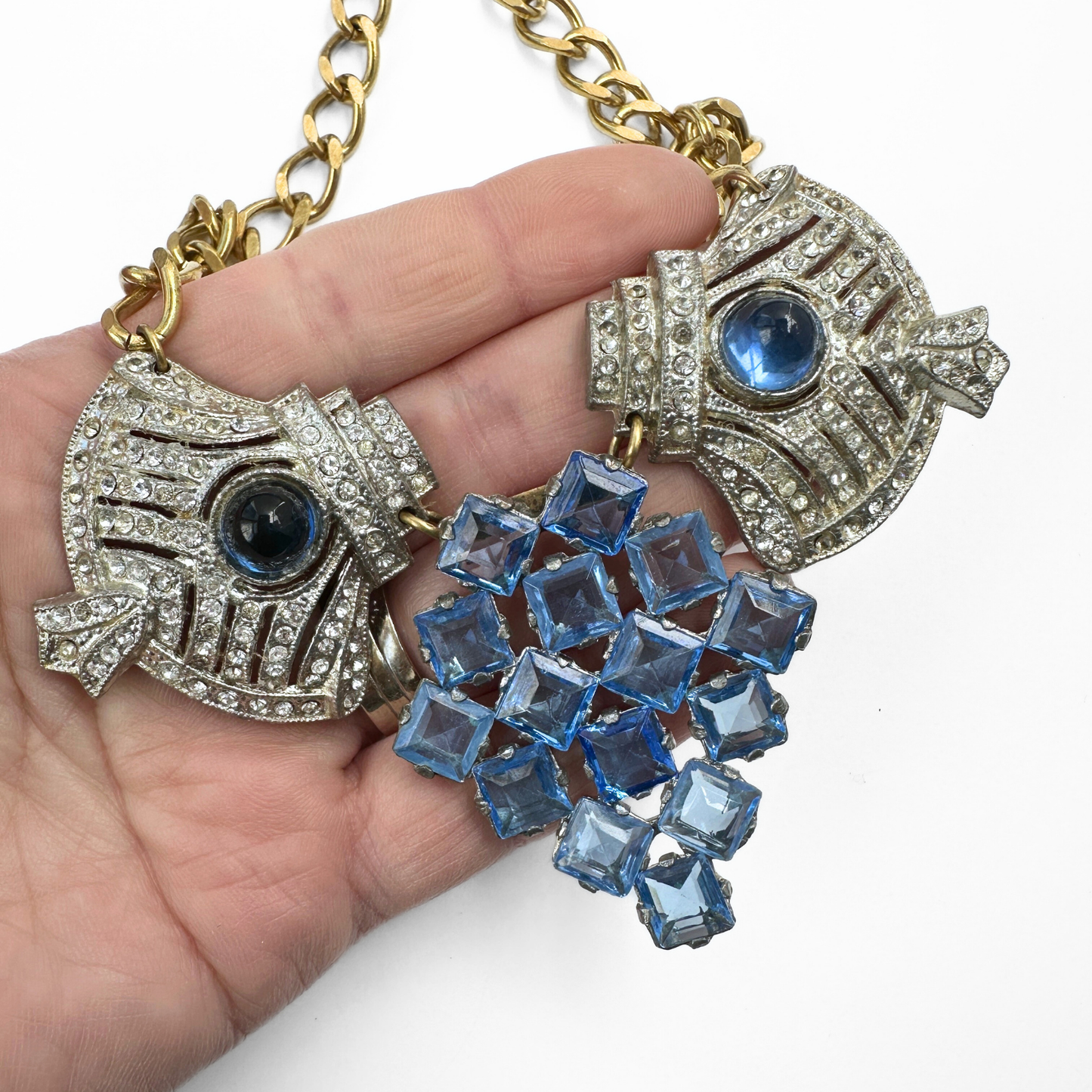Refashioned vintage blue and clear rhinestone assemblage statement necklace