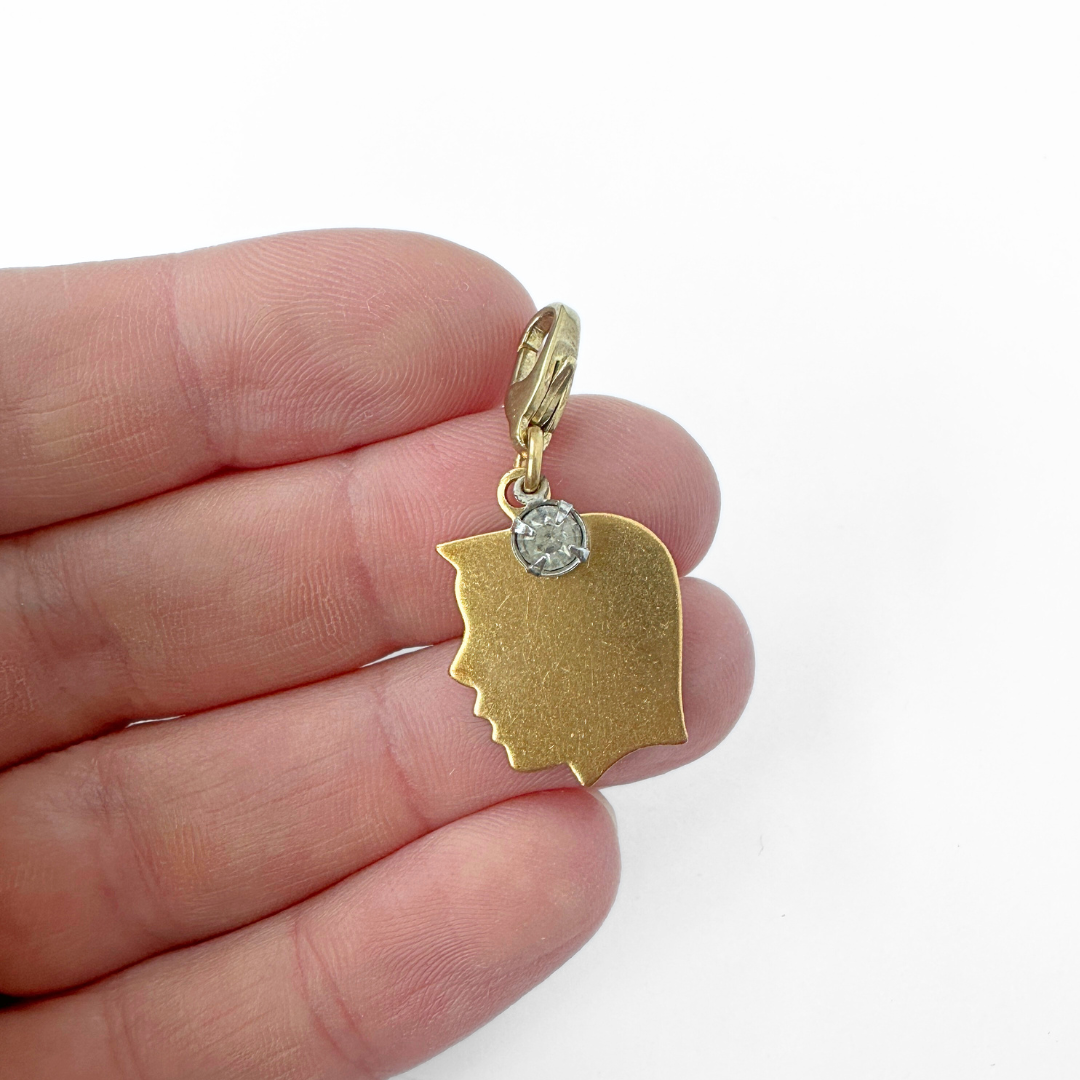 Brass boy silhouette charm with vintage clear rhinestone accent