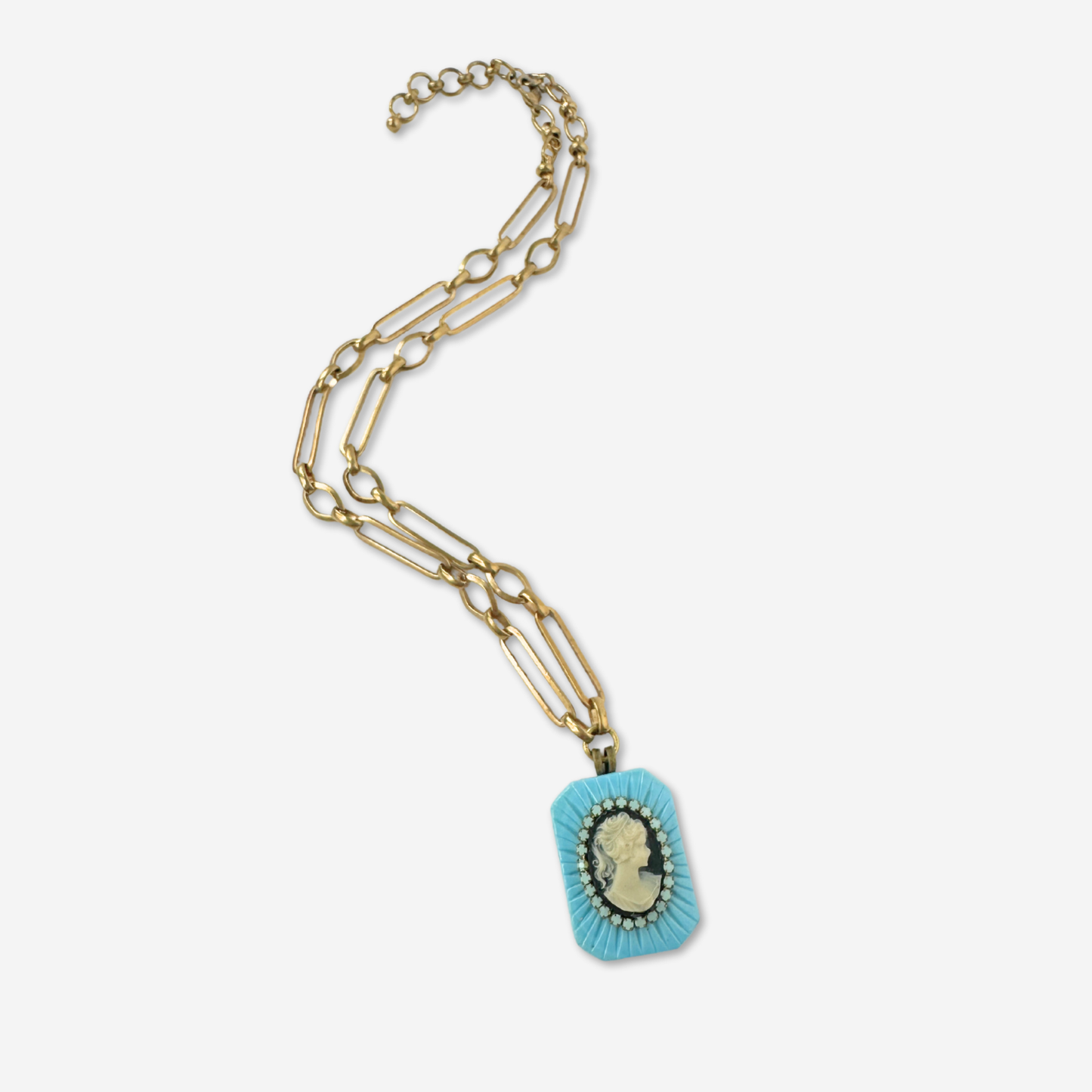 Turquoise glass and black refashioned vintage cameo pendant necklace