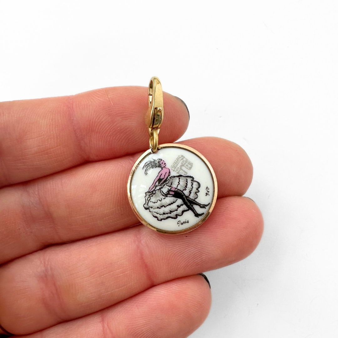Vintage painted French can can dancer glass charm