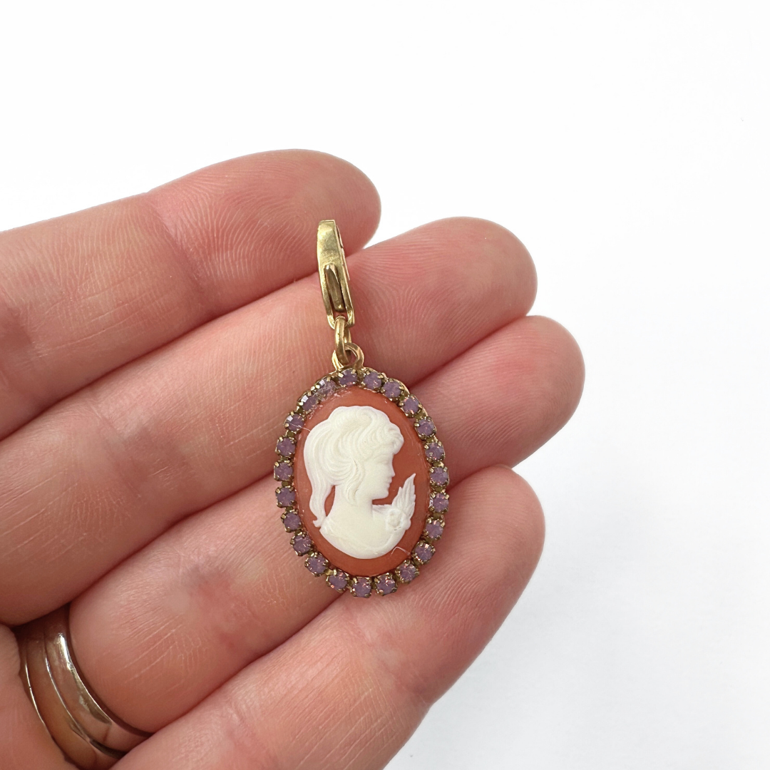 Refashioned vintage coral and lavender rhinestone oval cameo charm