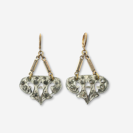 Vintage silver and clear rhinestone art deco earrings with gold bar links
