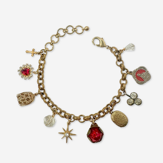 Repurposed vintage red and brass mixed charm bracelet