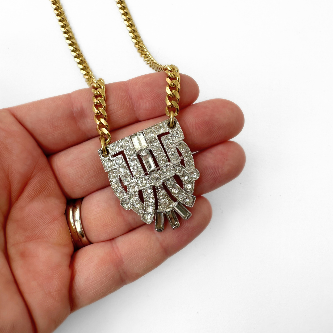 Refashioned art deco rhinestone pendant necklace on brass chain