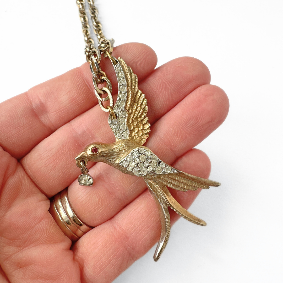 Refashioned vintage clear rhinestone and muted gold bird pendant