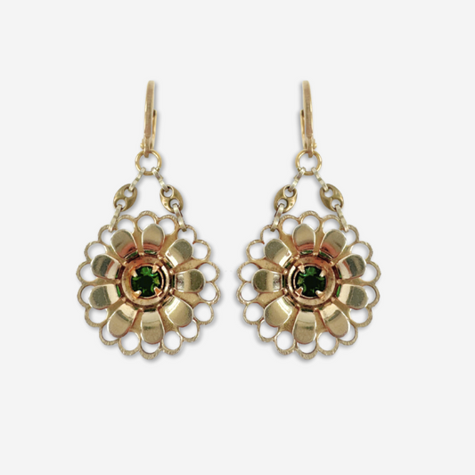 Refashioned vintage gold plated flower earrings with green rhinestone centers