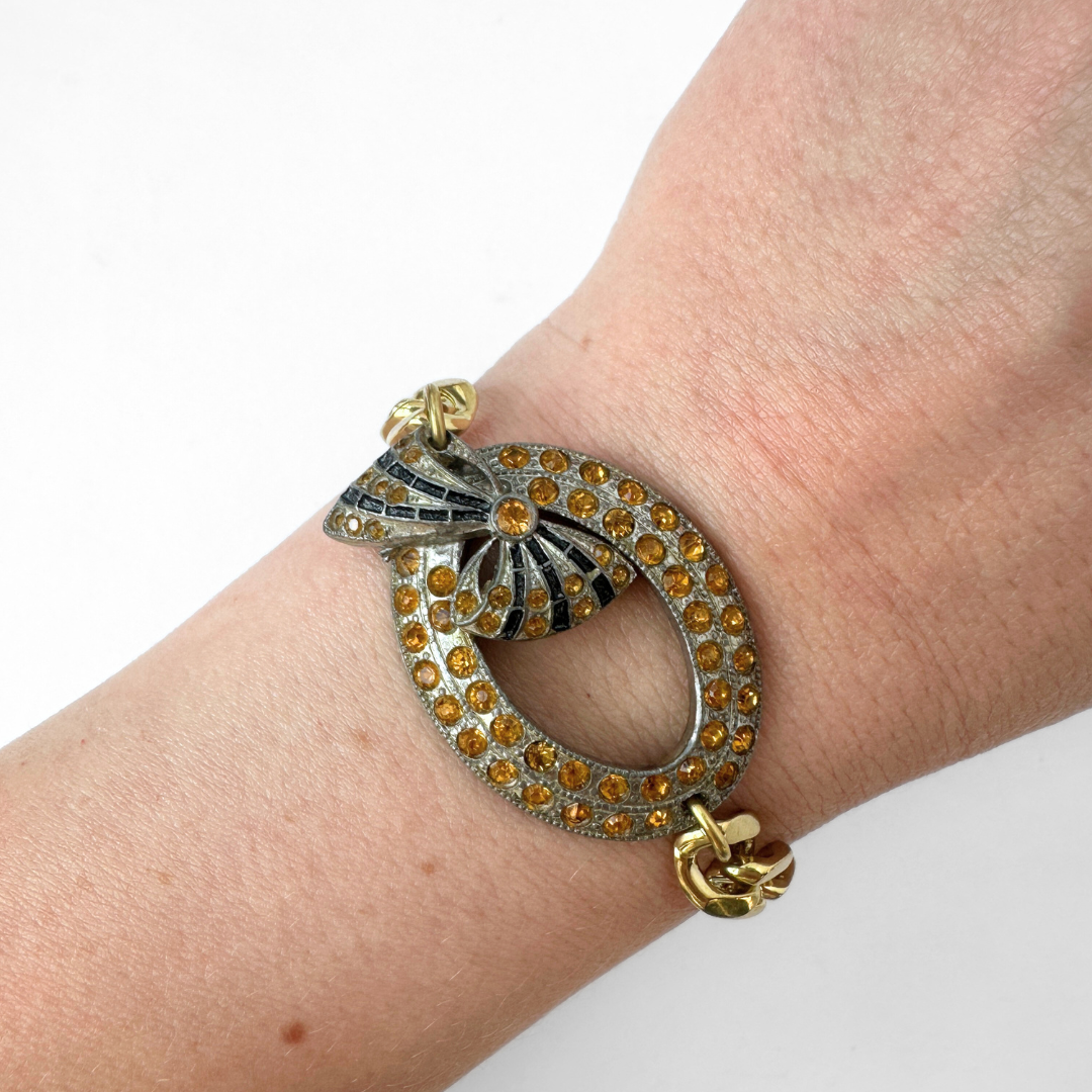 Refashioned vintage topaz rhinestone oval bow buckle bracelet