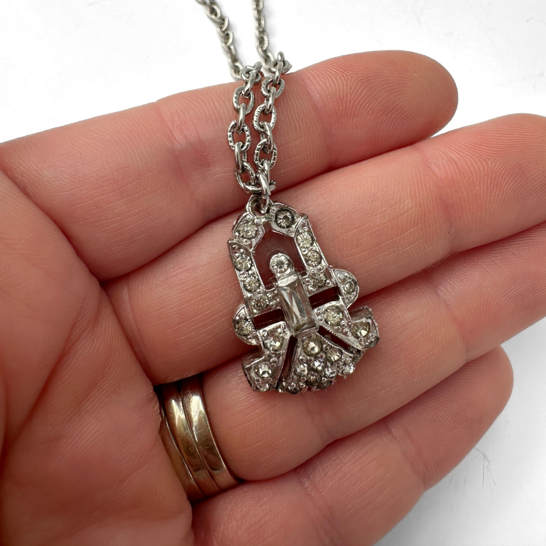 Small clear vintage rhinestone deco pendant on silver chain