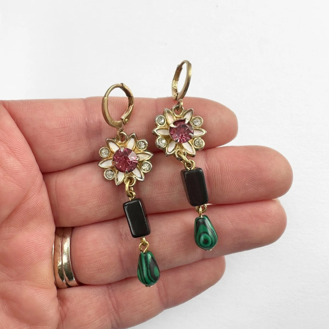 Refashioned vintage black, green, and pink rhinestone earrings